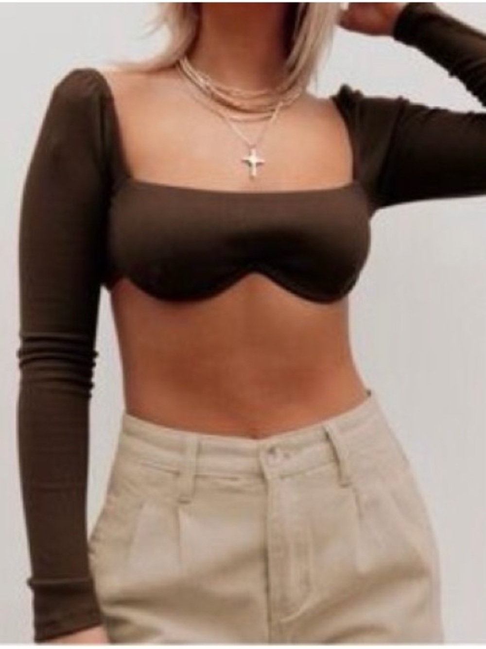 Princess Polly Ribbed Off-Shoulder Crop Top in Brown